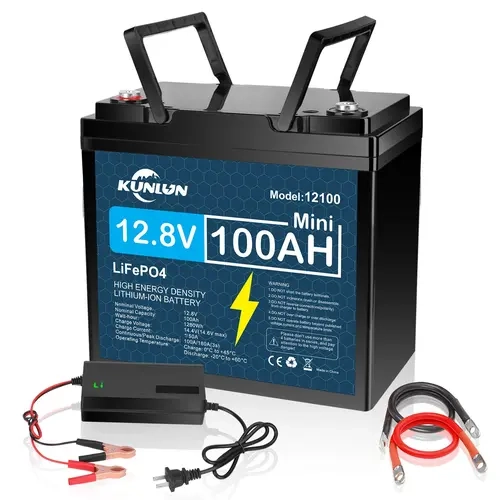 KUNLUN 12V 100Ah LiFePO4 High Capacity Rechargeable Battery Model 12100 - 100A Smart BMS, 5000+ Cycles, 1280Wh Energy, Maintenance-Free, -20°C~50°C, Solar Off-Grid Backup Power, Outdoor Emergency Battery with Charging Cable for RV