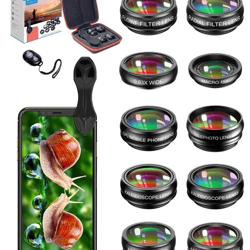 APEXEL Aluminum 11-in-1 Mobile Phone Lens Kit - Detachable Camera Lenses with Easy Swap Design, Star/Kaleidoscope Filters, Fisheye, Wireless Remote, Clamp Mount, Enhanced Photography Accessories for iPhone Samsung Smartphones, Travel Gadget