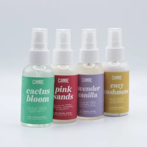 4-Pack Portable Linen Room Spray Bottles - Mini Travel Aroma Fresheners with Birthday Cake, Vanilla, Cactus, Floral, Fruit Scents, for Travel, Desk Drawer Use