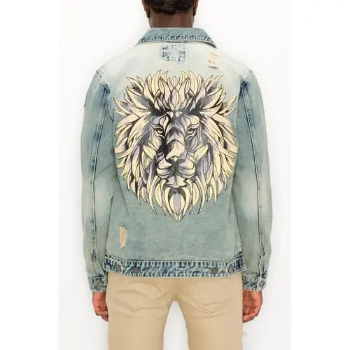 VICTORIOUS Men's Distressed Lion Denim Jacket Casual Classic Long Sleeve Cotton