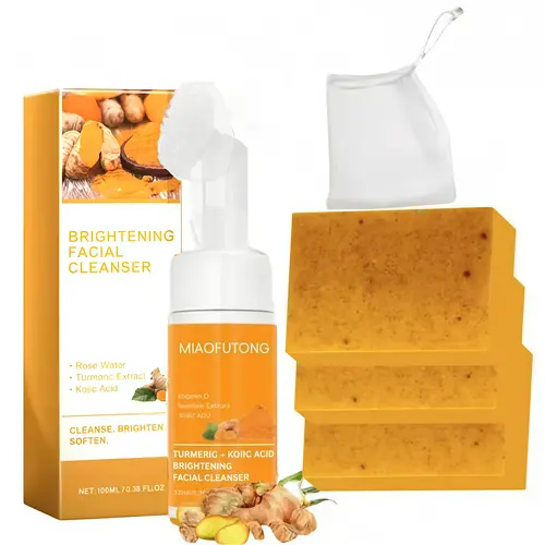Turmeric 2-Piece Facial Cleansing Set - Turmeric Face Wash Mousse + Soap with Lemon Extract, Gentle Daily Wash Herbal Cleansing Formula for Face Care Products