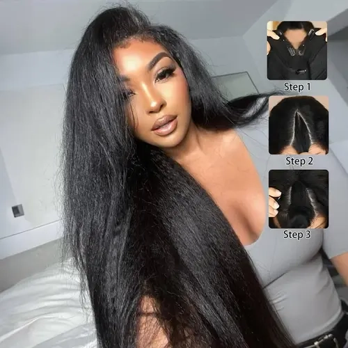 STERLY V Part Kinky Straight Wig Human Hair Brazilian Body Wave V Part Wigs for Black Women 180% Density Clip in Half Wig No Glue No Sew Beginner Friendly Natural Color Wig #tiktokshopstockup