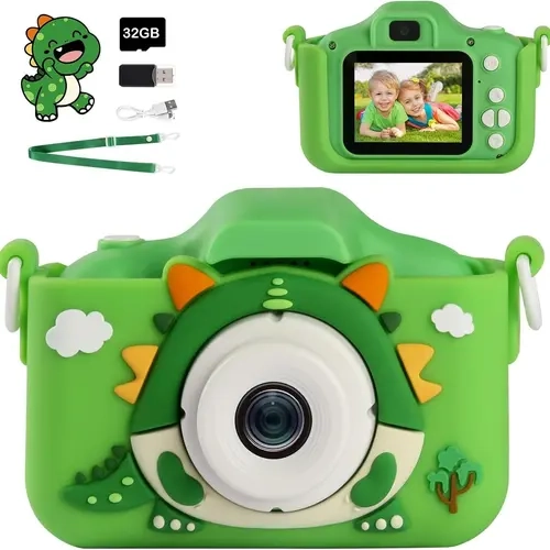 Cartoon Dinosaur Design Digital Camera, USB Rechargeable Video Camera Toy with 32GB Memory Card, Perfect Gift for Birthday & Holiday