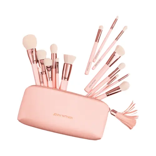 Jenny Patinkin 15-Piece Luxury Makeup Brushes Set with Vegan Leather Zip Pouch - Plastic Bristles (2.5x More), Complexion to Eye Detail Tools, Cream/Powder Compatible, Smooth Finish Girly Beauty Accessory