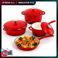 DealsForYouDays Kitchen Academy Enamel Cast Iron 7 Piece Cookware Set, Dutch Oven Pot with Lid, Red Non Stick Pots and Pans set, Oven Safe up to 500°F