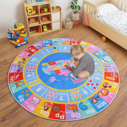 REZUTAN Educational Indoor Home Rug - ABC Alphabet, Numbers, Shapes, Map Design, Glam, Wrinkle Resistant, Anti-Slip Grip Points, Compact for Storage, Durable, Easily Folded or Rolled Up, Ideal for Home Playrooms, Classrooms