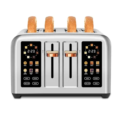 SEEDEEM Multifunction Modern 4-Slice Stainless Steel Smart Toaster - Touch Screen Dual Control, 6 Bread Presets, 7 Shade Settings, 1.5'' Wide Slots, Digital Timer, Reheat in 40s, Removable Crumb Tray, 1800W Silver Kitchen Appliance Breakfast Maker