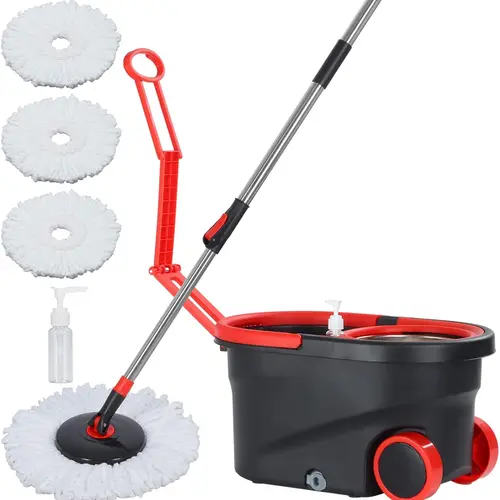 SummerVibes Stainless Steel-Plastic Spin Mop Bucket Set - 3 Microfiber Mop Pads, 39-61 Inches Adjustable Extendable Rod, Movable Wheels, 360° Rotating Head, 1-Hand Operation for Home General Cleaning