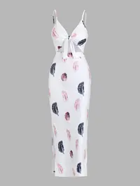 Women's Floral & Feather Print Cut Out Backless Cami Bodycon Dress, Casual Spaghetti Strap Adjustable Strap Split Thigh Long Dress for Summer, Ladies Clothes for Beach Holiday