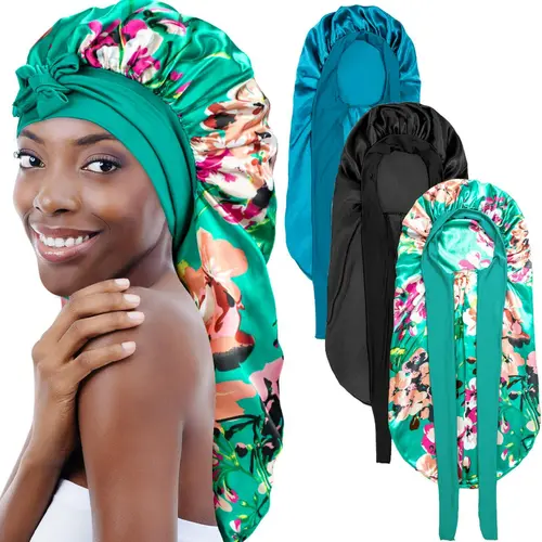 3 counts Bonnets for Black Women Braid Bonnet,  Soft and Breathable，Large Long Satin Bonnet for Braids, Natural Curly Hair，Silk Bonnet with Stretchy Tie Band Sleep Cap Hair Haircare Heatless