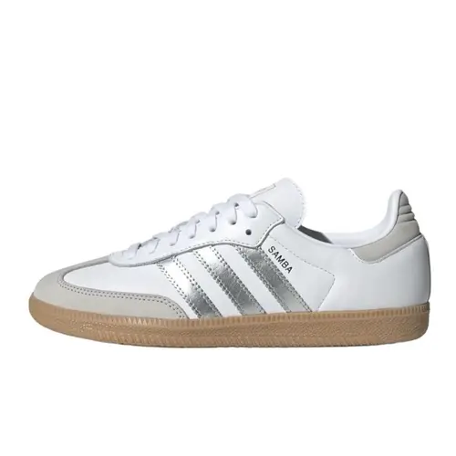 adidas Samba OG White Silver Metallic Grey Women’s Classic Leather Indoor Soccer Sneakers - Gum Sole, Daily Fashion Footwear, Rubber Outsole, Casual Athletic Women's Shoes