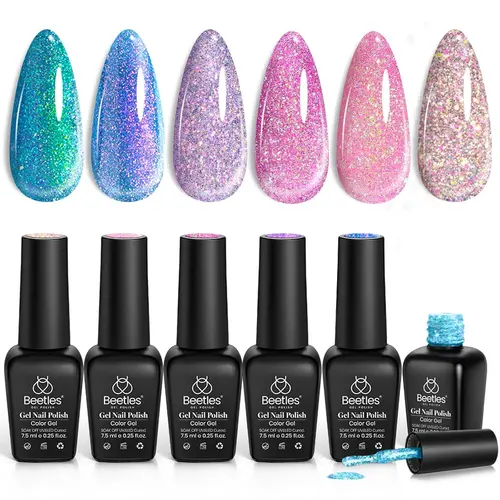Beetles Art Decoration Gel Nail Polish Kit - 6 Bottle Nail Care Set for All Ages, Sparkle Pink/Blue Purple/Chameleon Crushed Diamond, Multifunction Soak-Off UV Gel for DIY Manicure Gift