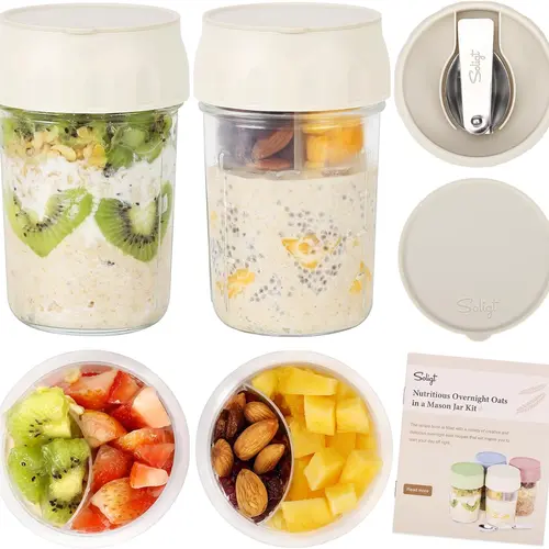 Soligt 16oz Glass Overnight Oats Container - Stackable Work Lunch Container with Removable Lid, Folding Spoon, Divided Dry-Wet Compartments, BPA-Free Plastic-Free, Kitchen Utensils & Gadgets Airtight Food Storage for Oatmeal Yogurt Parfait