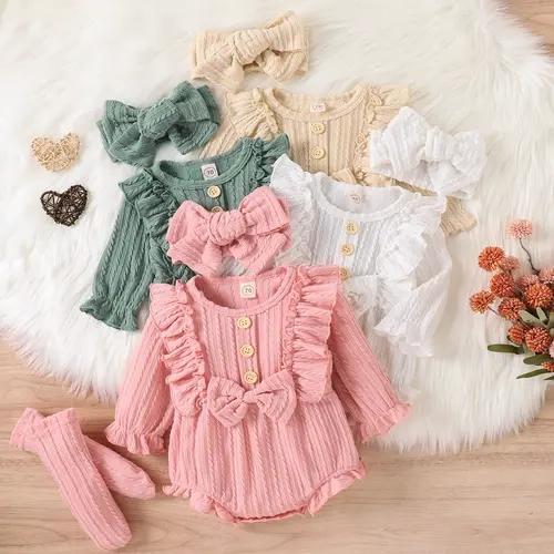 REDWOON 3Pcs Newborn Baby Girls Fall Winter Clothes Long Sleeve Button Front Ruffle Romper+Socks+Headband Set