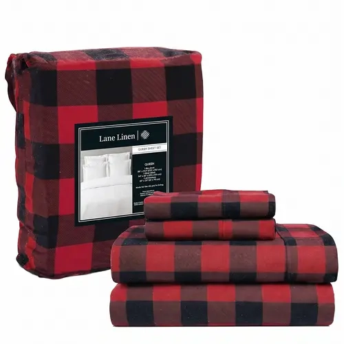 LANE LINEN 100% Cotton Flannel Bed Sets - Brushed Extra Soft Plaid Check, Anti-Pill, Soft Breathable, Deep Pocket Fitted Sheet & Flat Sheets with Pillowcases - Warm for Cold Sleepers, Cabins - Christmas Gift (Twin XL, California King Options)