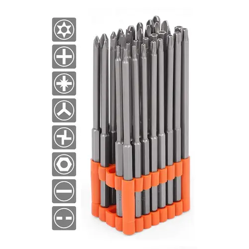 HORUSDY 32-Piece Drill Bit Accessory Set - S2 Alloy Steel Tamper-Proof 1/4" Hex Handle, 6" Extra-Long Heavy-Duty Universal Fit, 4 Spanners, 1 Slotted Tool, Plastic Boxes Keep Bits Tidy