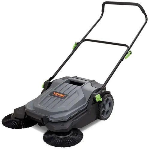 VEVOR Heavy Duty Manual Push Sweeper Tool, 25.6 Inches Sweeping Width, Angle-Height Adjustable Foldable Handle, 5-Gallon Waste Container for Garage Accessories, Patio, Walkway