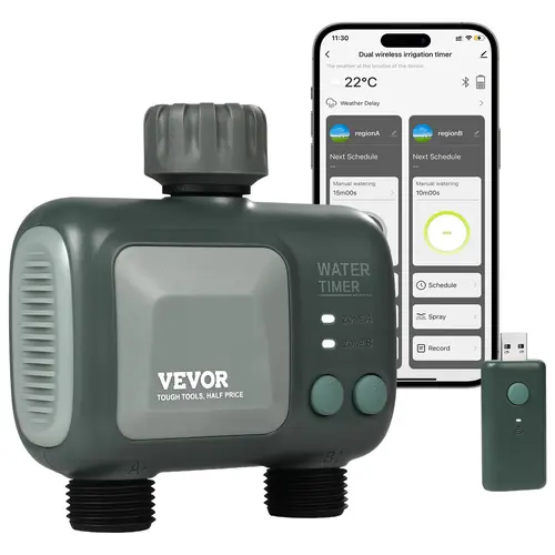 VEVOR Smart Water Timer, 2 Outlets with Brass Inlet, 2.4Ghz WiFi/Bluetooth APP Control, Alexa/Google Assistant Voice Control, IPX6 Rated, Rain Delay, 5 Watering Plans, 7.25-120 psi, Connect Up to 6 Devices, for Yard Sprinklers & Automated Irrigation