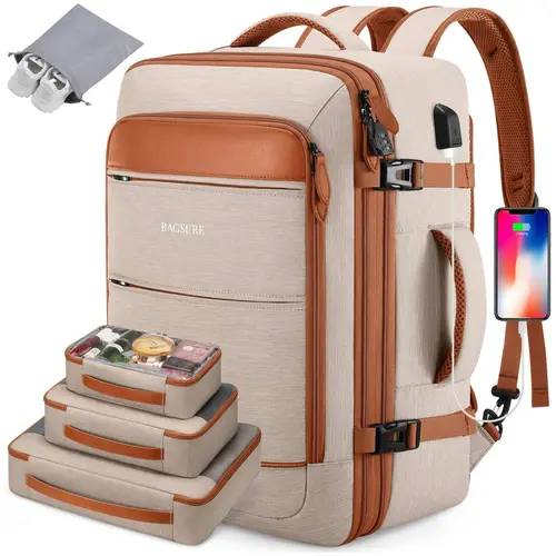 BAGSURE 42L Airline Approved Carry-On Travel Backpack - Water-Resistant Polyester Carry On Luggage with Hidden Straps, 3 Packing Cubes, 17" Laptop Compartment, TSA-Friendly Personal Item Travel Bag for Men