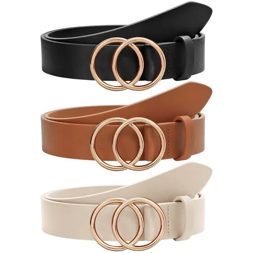 JASGOOD Women Leather Belt Fashion Soft  Faux Leather Waist Belts For Jeans Dress with Double O-Ring Buckle Halloween