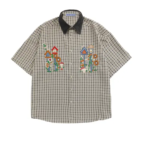 AELFRIC EDEN Fabric Embroidered Plaid Men's Casual Short Sleeve Loose Button-Down Shirt - Birdhouse Embroidery, Contrast Collar, Streetwear, Back to School Clothing, Embroidered Plaid Men's Casual Shirts