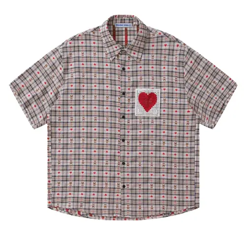 Aelfric Eden Men's Cotton Plaid Short-Sleeve Button-Down Collar Shirt - Basics, Wardrobe Staples, Brand Logo, Dropped Shoulder, Unisex Cut-Out Heart, Loose Oversized, Chic, Party, Preppy, Work, Casual Summer Streetwear Top, Thanksgiving Fabric