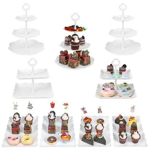 9Pc Lightweight Plastic Cupcake Stand Set - Universal Rectangle, 3-Tier & 2-Tier Designs, 0-5kg Capacity, Cake Decorating Kit, Cupcake Tower, Decorations Supplies for Party Wedding Kitchen Use