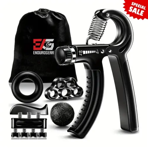 ENDUROGEAR 5-Piece Grip Strengthener Kit - Adjustable Resistance Hand Gripper, Finger Exerciser, Stress Relief Ball, Forearm, & Grip Strength Trainer. finger strengthener hand  extension