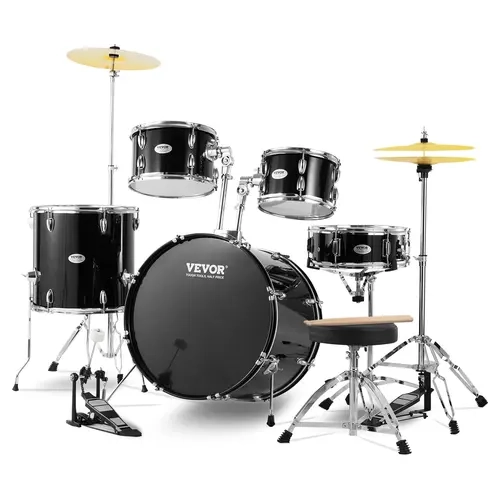 VEVOR Adult 22-Inch 5-Piece Percussion Drum Set, Unassembled Poplar Wood Black Beginner Kit with 10''/12'' Toms, Bass Drum with Pedal, Snare, Floor Tom, Adjustable Throne, Stands, Cymbal, Hi-Hat Pedal, Drumsticks, Stable Floor Grip, Complete Accessories