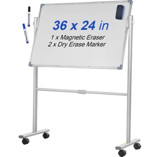 VEVOR 36x24in Double-Sided Portable Wipeable Board - 360° Rotating Reversible Rolling Whiteboard, Horizontal-Vertical Use, Height-Adjustable Stable Alloy Base, Lockable Swivel Wheels, Office Accessories with Dry Erase Markers Whiteboard Pens for Office