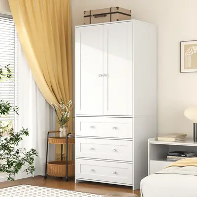 VOWNER Freestanding Wardrobe, 71" High Bedroom Wardrobe with 2 Doors and 3 Drawers, With Hanging Rod, Bedroom, Living Room, White
