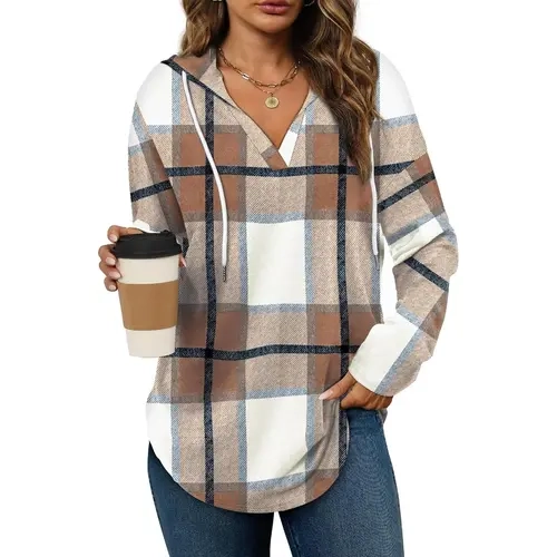 WIHOLL Women's Loose-Fitting Longsleeve Hoodie - Casual V-Neck Lightweight Pull-On Sweater for Fall Casual Ootd, Gym Wear