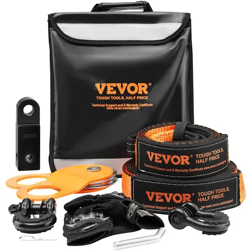 【toolupgrade】VEVOR Heavy-Duty Car Tool Kit, Off-Road Rescue Recovery Set with 3"x30ft 30000lbs Polyester Tow Rope, 44092 lbs D-Ring Straps, Rust-Resistant Shackles, Pulley Snatch Aid, Gloves for Grip, Storage Bag (Car Accessory for Jeeps/Trucks)