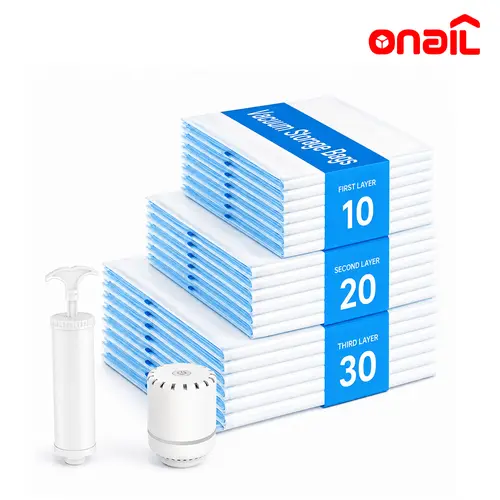 ONAIL Multi-Size Triple-Seal Zip Vacuum Storage Bags (30-Pack: 6 Jumbo/12 Large/12 Medium) with Hand Pump Included, Turbo Compression Home Organizer Bag for Household Use