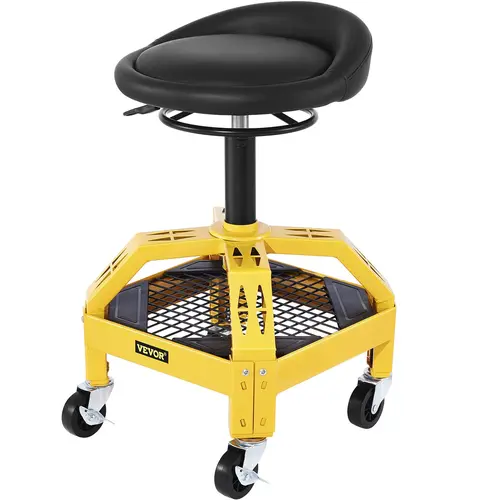 VEVOR Height Adjustable Garage Rolling Stool for Adults, 300LBS Capacity, 24in-28.7in Range, Rip-Resist Textured Vinyl Seat, 360-Degree Swivel 3" PVC Glide Wheels, Tool Tray at Hand, Steel Frame, Wipeable for Workshop Auto Repair (No Footrest Storage)