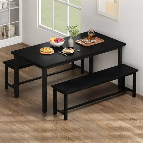 Recaceik Modern Rectangular 4-Piece Dining Bar Table Set for Adults, 2 Benches, Compact Small-Size, Stable Nonslip Metal Frame House Furniture, Pre-Assembled Home Decor, 43.3" Wide Seating (43.3" W x 23.6" D x 28.5" H)