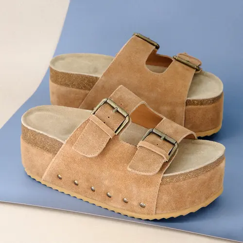 Cushionaire Guru Suede Platform Sandal for Women - Genuine Leather Studded Slide Sandals with Cushioned Footbed, Chunky Flatform Sole, Casual Fashion Summer Sandals for Women