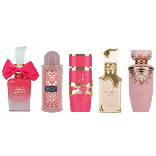 Bint Hooran Rose Passion + Now Women + Yara Candy + Eclaire Banoffi + Ana Abiyedh Scarlet