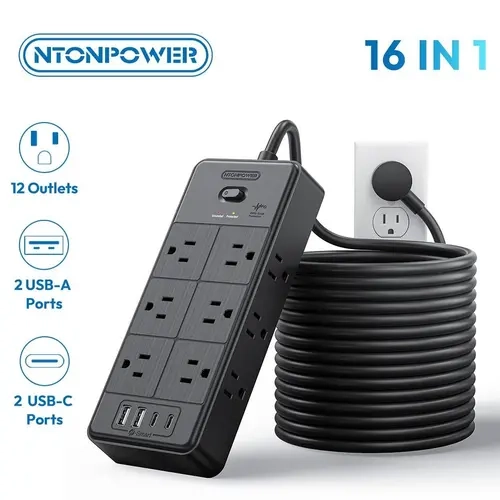 NTONPOWER Long Cord Power Strip, 25 FT Extension Cord with 12 Outlets & 4 USB Ports (2 USB C), 3 Side Multiple Outlet Extender, Wall Mounted for Home Office