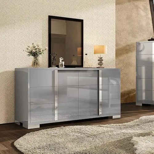 AMERLIFE High Gloss 5/6 Drawers Dressers with Silver Grooved Handles, Modern Storage Chest of Drawers with Wide Tabletop,for Bedroom/Dressing Room[TikTokShopFallDealsForYou]