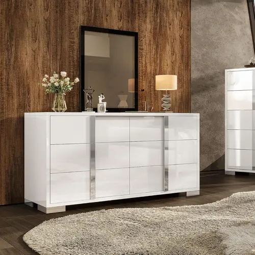 AMERLIFE Floor-Standing Rectangle Storage Dresser - 5-6 Drawers, Sturdy Modern Bedroom Cupboard, High Gloss Easy-Clean Surface, Silver Groove Handles, Wide 54" Top, Anti-Tip Device, 150 lbs (Above 25 kg) Capacity, for Bedroom-Living Room