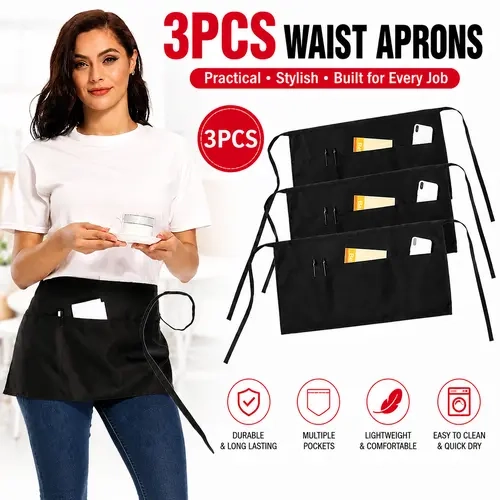 3-Pack Geometric Pocketed Waist Aprons - Adjustable Tie Straps, 3 Pockets, One Size, Soft Gentle Fabric, Reusable Waterproof Washable, Easy Care Home Supplies for Waitress Servers, Kitchen Cooking, Pocketed Aprons