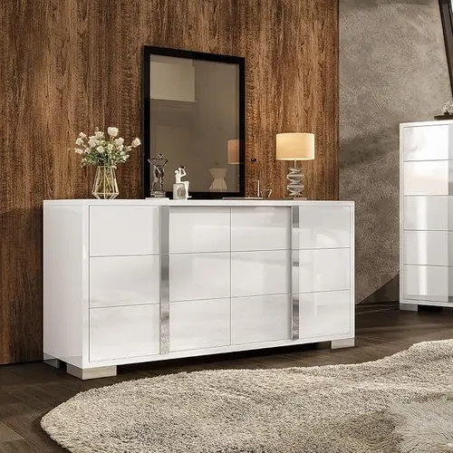 VanAcc Minimal High Gloss 5/6 Drawers Dressers with Silver Grooved Handles, Aesthetic Design, Modern Storage Chest of Drawers with Wide Tabletop, Storage Cabinet for Bedroom, Dressing Room, Living Room #TikTokShopFallDealsForYou