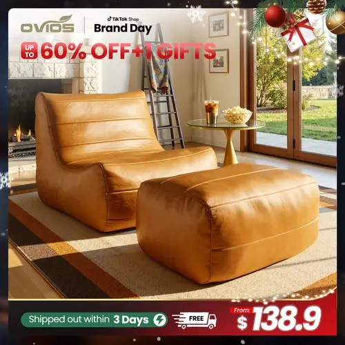 【Deals For You】Ovios 37'' BeanBag Chair Lazy Sofa Couch with Ottoman for Adults - Luxury Faux Leather - No Assembly Required, Plush Giant Oversized Fluffy Lounger Dod Bed for Home, Apartment, Gaming Venue & Dorm