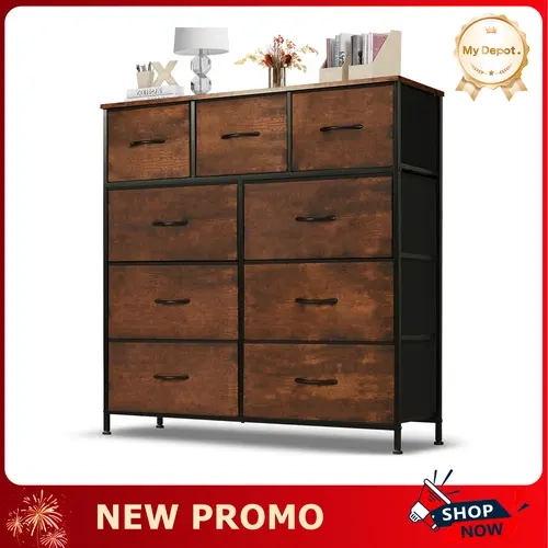 [Deal] Modern Dressers - 9-Drawer Fabric Storage Tower with Metal Frame, 3 Medium Drawers, Wood Tabletop, Adjustable Features, Wipeable Cabinet, Included Tools, Assembly Required, Space-Saving for Bedroom, Playrooms (39.37" L x 11.81" W x 39.96" H)