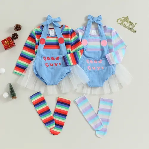 REDWOON Toddler Girl Halloween Chucky Costume Set Rainbow Stripe Print Long Sleeve Tops + Letter Pattern Romper + Long Socks