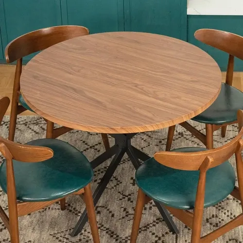 Recaceik Cozy Mid-Century Modern Wood-Metal Circle Kitchen Table - 38.6" x 38.6" Top Fits Small Spaces, 39in Round Top, 30.5in H, 1.18in Thick Easy-Clean Tabletop, Black Metallic Frame Legs, 4-5 Seaters Indoor Dining Room Furniture, Circle Kitchen Tables