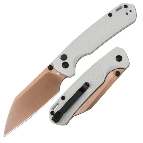 CJRB Pyrite-Light J1945-RGY Folding Pocket Knife - AR-RPM9 Steel Rose Gold Blade, Fiberglass Reinforced Nylon Comfortable Light Grey Handle, Button Lock Mechanism, Compact Durable, Tough Cuts, EDC Item, Outdoor Camping Use, Cool Gifts for Guys