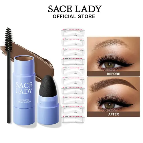 SACE LADY Eyebrow Stamp Kit Waterproof Pomade - Natural-Looking Brow Stencil Kit for Eyes, Long-Lasting Pigmented Cream with Dual Precision Brush, 10 Reusable Stencils, 2g, All Skin Types