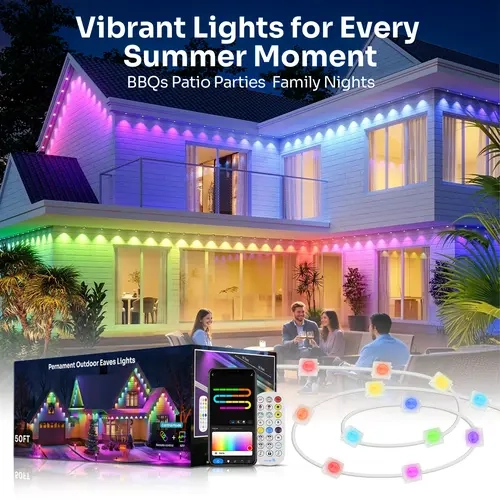 HYPERLITE RGBIC Eaves String Lights - RGBCW, 30/60 LEDs, 50/100Ft Permanent Outdoor Party Lights, Color Changing, Music Sync, IP67 Waterproof, Bluetooth APP & Remote Control, High-Temp Res, Patio Decor, Mood Lighting, BlackFriday Christmas Gift